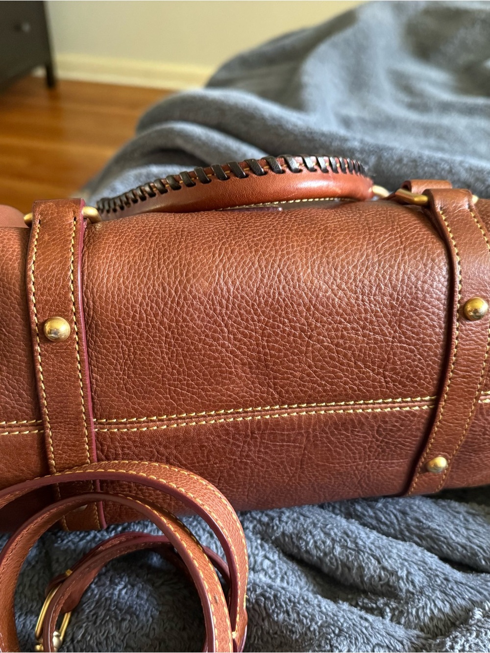 Dooney & Bourke Brown Leather Satchel with Red Trim - Picture 6 of 7